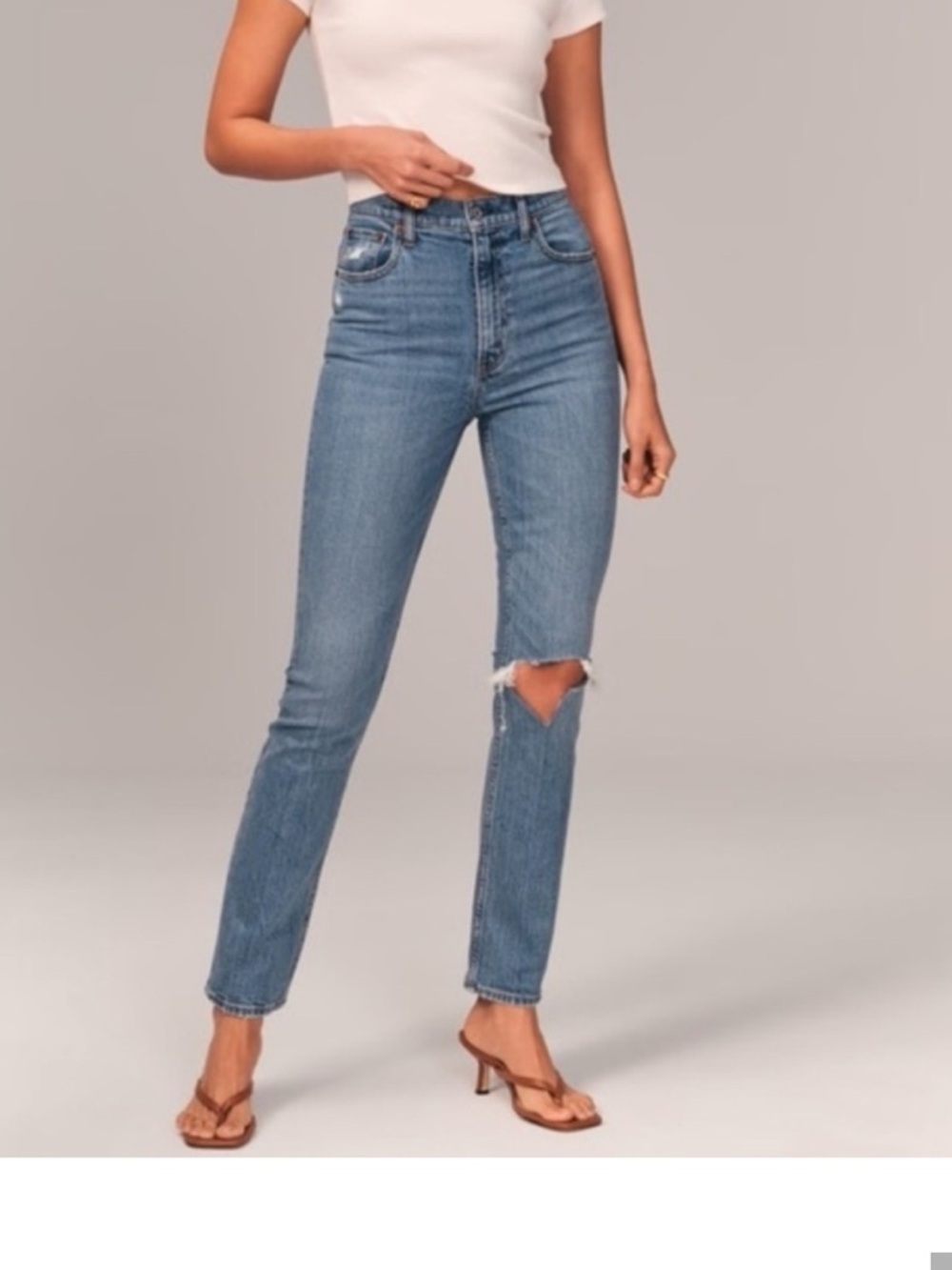 Abercrombie & Fitch Women's High-Rise Mid Blue Straight Jeans with Knee Rip